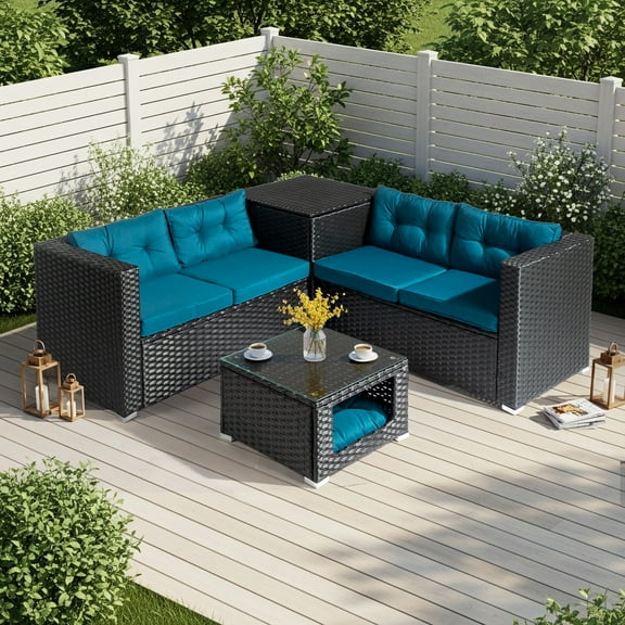 Ktaxon 4-Pc Modular Patio Sectional with Storage Box & Pet Table, All-Weather PE Wicker, Black Frame Peacock Green Cushions
