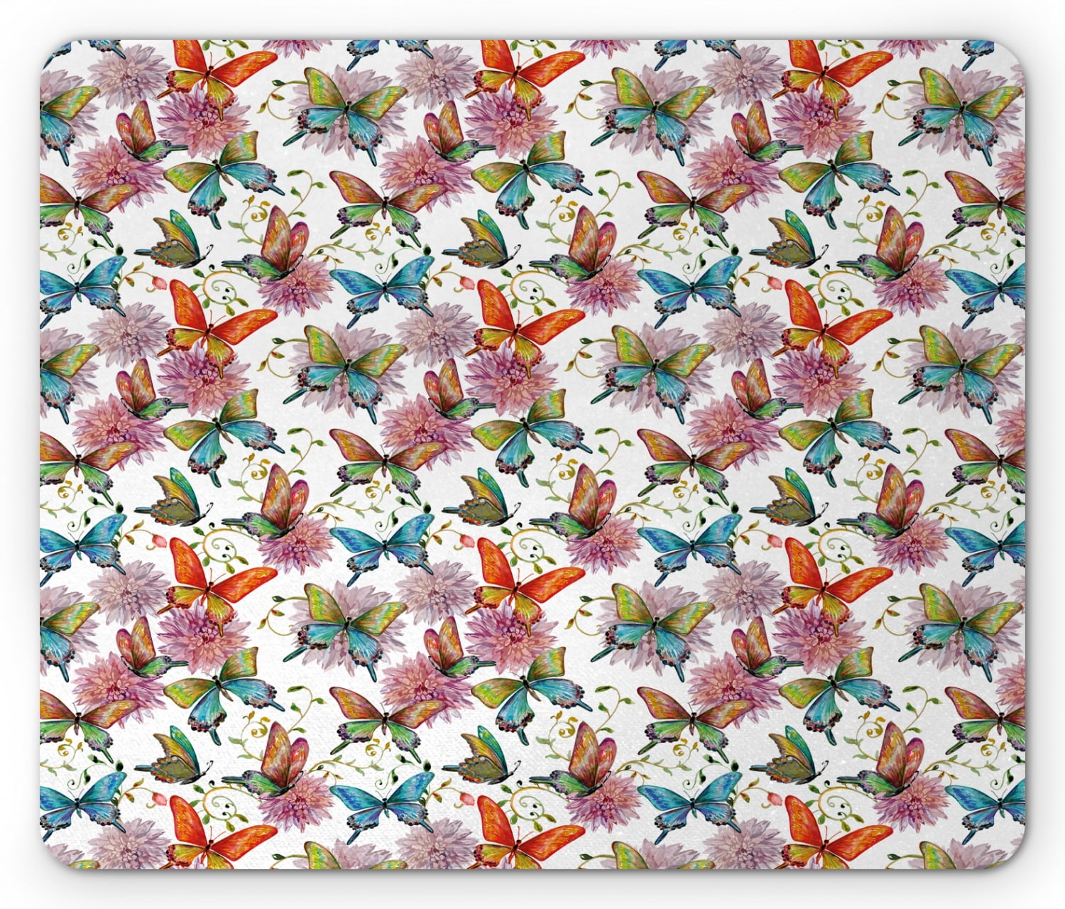 Butterfly Mouse Pad, Flying Butterflies with Floral Elements Vivid