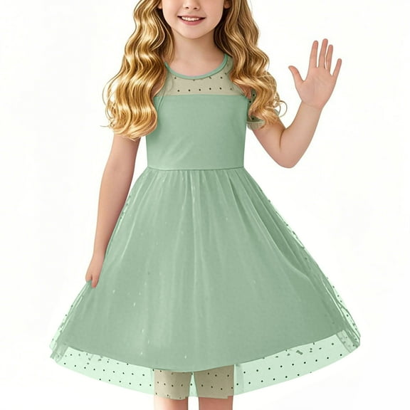 TEAJOPSUU Girls Tulle Summer Dress Puff Short Sleeve Tween Girls Teen High Waist Tutu Princess Party A Line Casual Dress 5-16Y A-Green