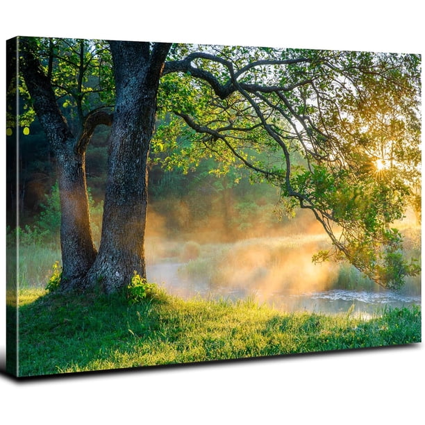 Arte mural de madera de roble verde, atardecer retro, paisajes naturales y bosques; pintura sobre lienzo de montañas al amanecer; pintura al óleo de bosque iluminado por la luz del sol