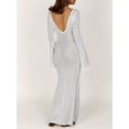 thumbnail image 3 of Womens V Neck Crochet Maxi Dress Bell Sleeve Bodycon Long Summer Dress Hollow Out Beach Vacation Cover Up, 3 of 7