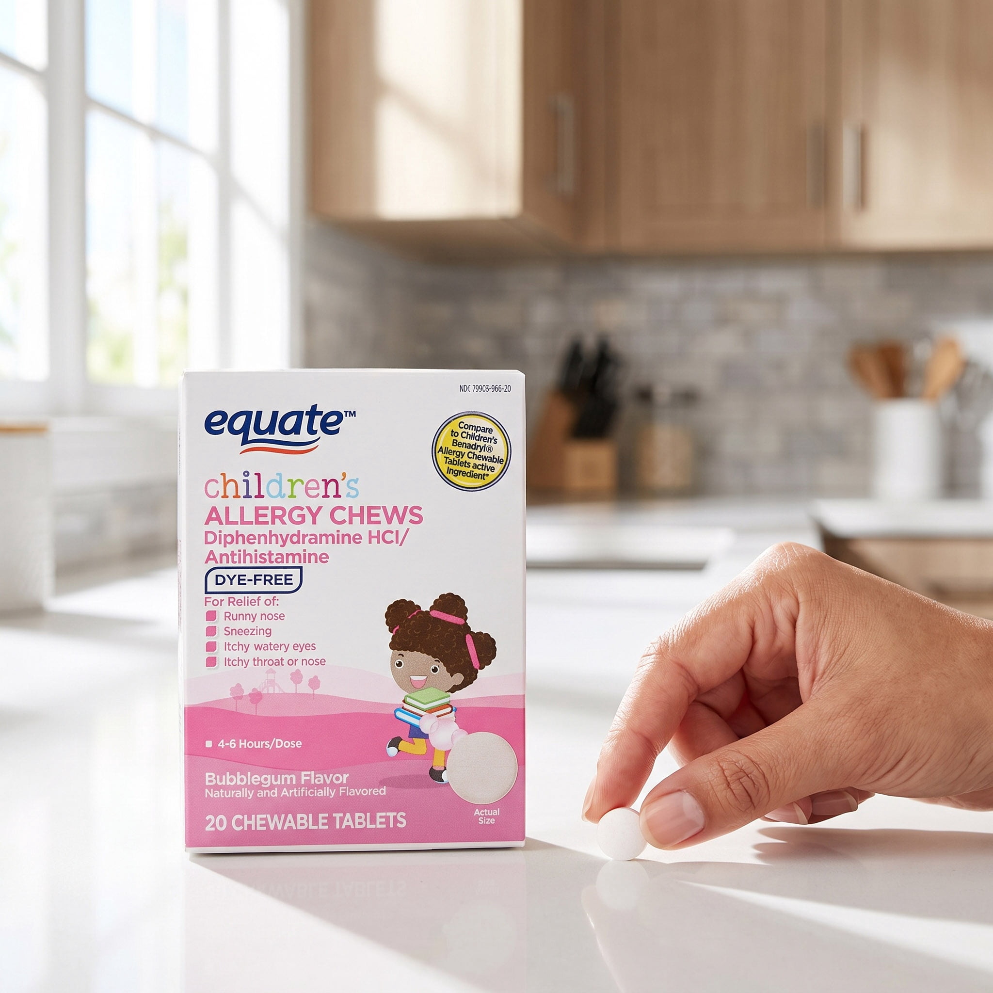 Equate Dye-Free Allergy Relief Chew - Diphenhydramine, Bubble Gum, 20 Count