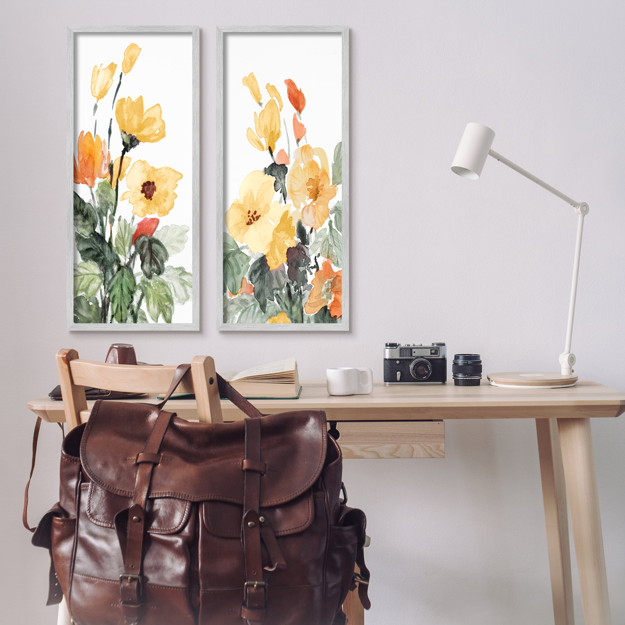 Stupell Industries Yellow Spring Flowers Botanical & Floral Painting Gray Framed Art Print Wall Art, 13 x 30, Set of 2