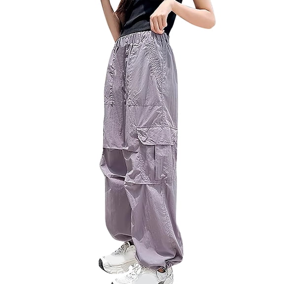 CPNG Girls Casual Baggy Cargo Pants Summer Multi-Pocket Straight Wide Leg Pants Loose Elastic Waist Fashion Cargo Trousers(Purple,8-9 Years)