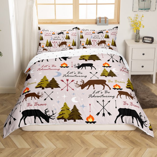 Erosebridal Reindeer Print Comforter Cover King, Rustic Animal Bedding King Size, Hunting Theme Decor, Reversible 3pcs(No Comforter)