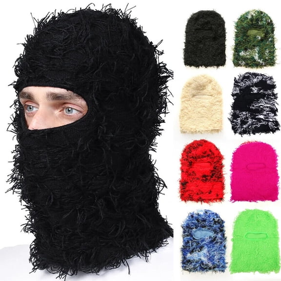 Unisex Distressed Balaclava Knitted Full Face Ski Mask Winter Windproof Neck Warmer for Men Women (Black)