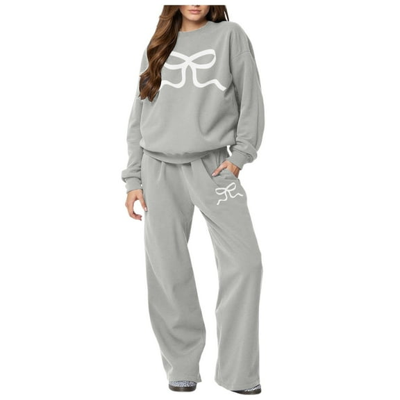 felwors 2 Piece Lounge Sets for Women Fall Sweatsuits Bow Print Long Sleeve Crew Neck Wide Leg Sweatpants Matching Tracksuit Grey, M