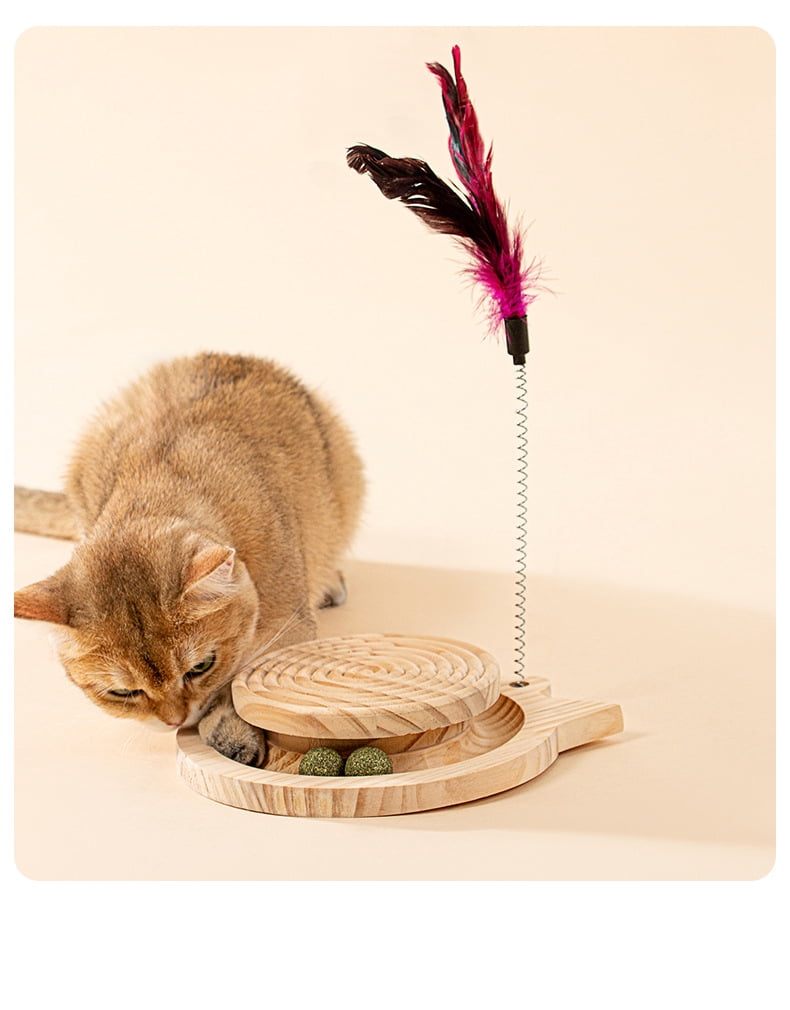 3-in-1 Natural Wood Cat Toy: Interactive Spinning Disk + Detachable Feather Wand + Catnip Balls – Safe, Paw-Friendly Indoor Cat Enrichment