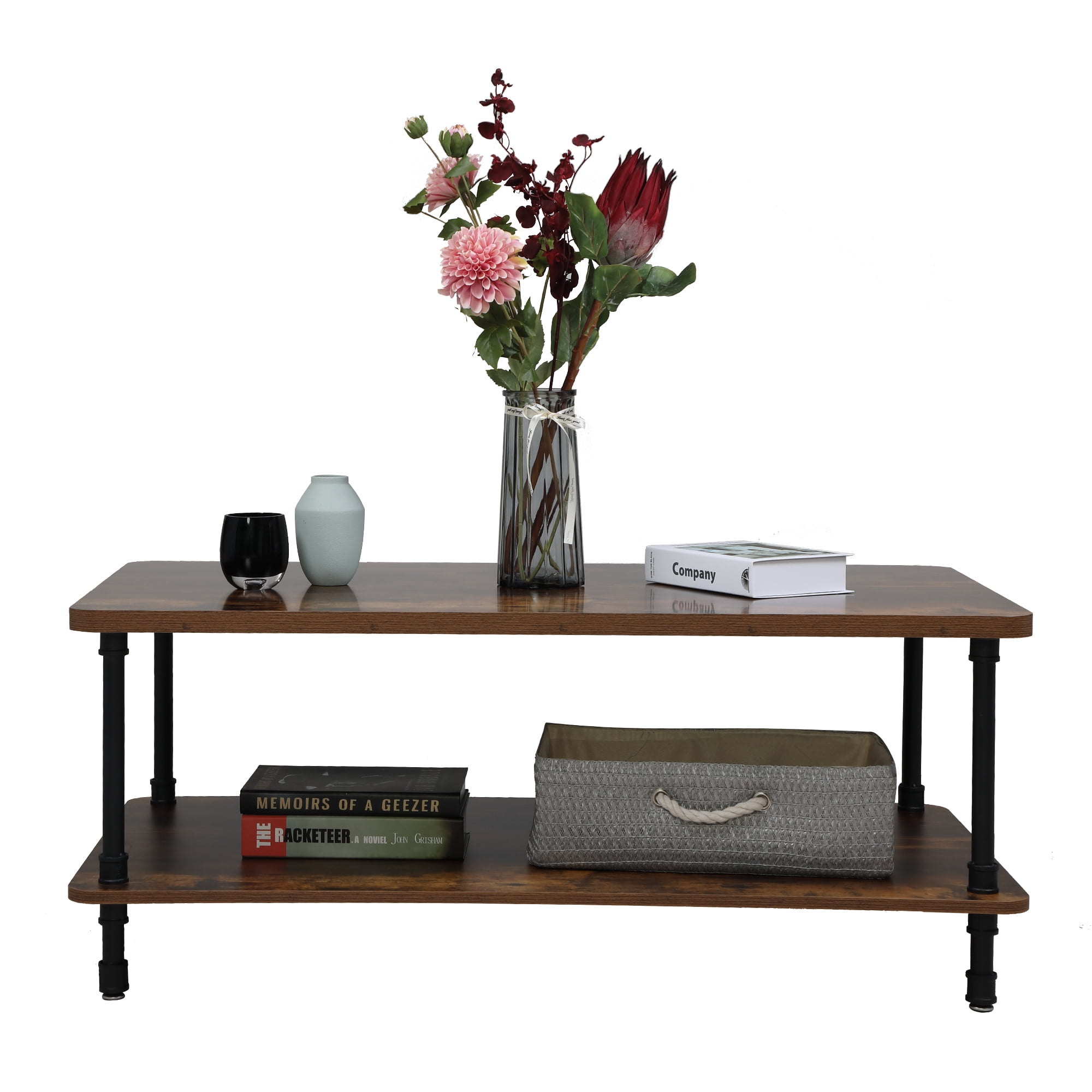 Lowestbest Modern Industrial Style Metal Frame Wooden Rectangular Wood Grain Coffee Table, Two-Story Side Table with Storage Shelf-Retro Color, Brown Lowestbest Modern Industrial Style Metal Frame Wooden Rectangular Wood Grain Coffee Table, Two-Story Side Table with Storage Shelf-Retro Color, Brown