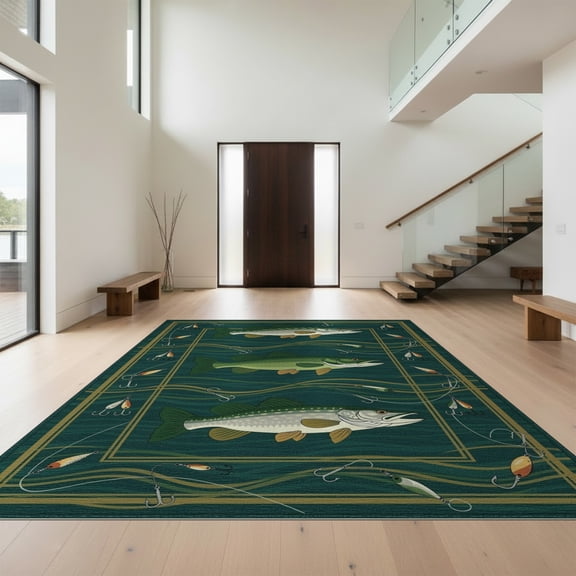 Design&I 8'x10' Washable Area Rug Bass And Pike Lake Scene With Wildlife Lure Border Design Fishing Flowing for Living Room, Family Extra Large Skid-Resistant Low Profile