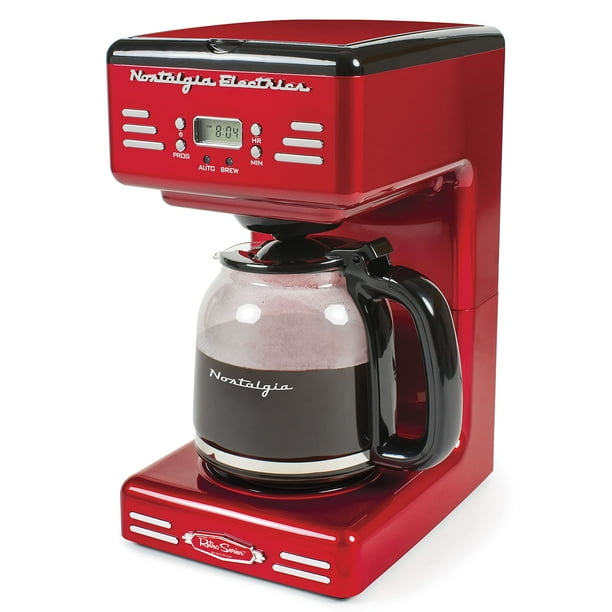 Nostalgia Retro Cafetera programable de 12 tazas con pantalla LED, apagado automático y mantenimiento del calor, función de pausa y servicio, roja