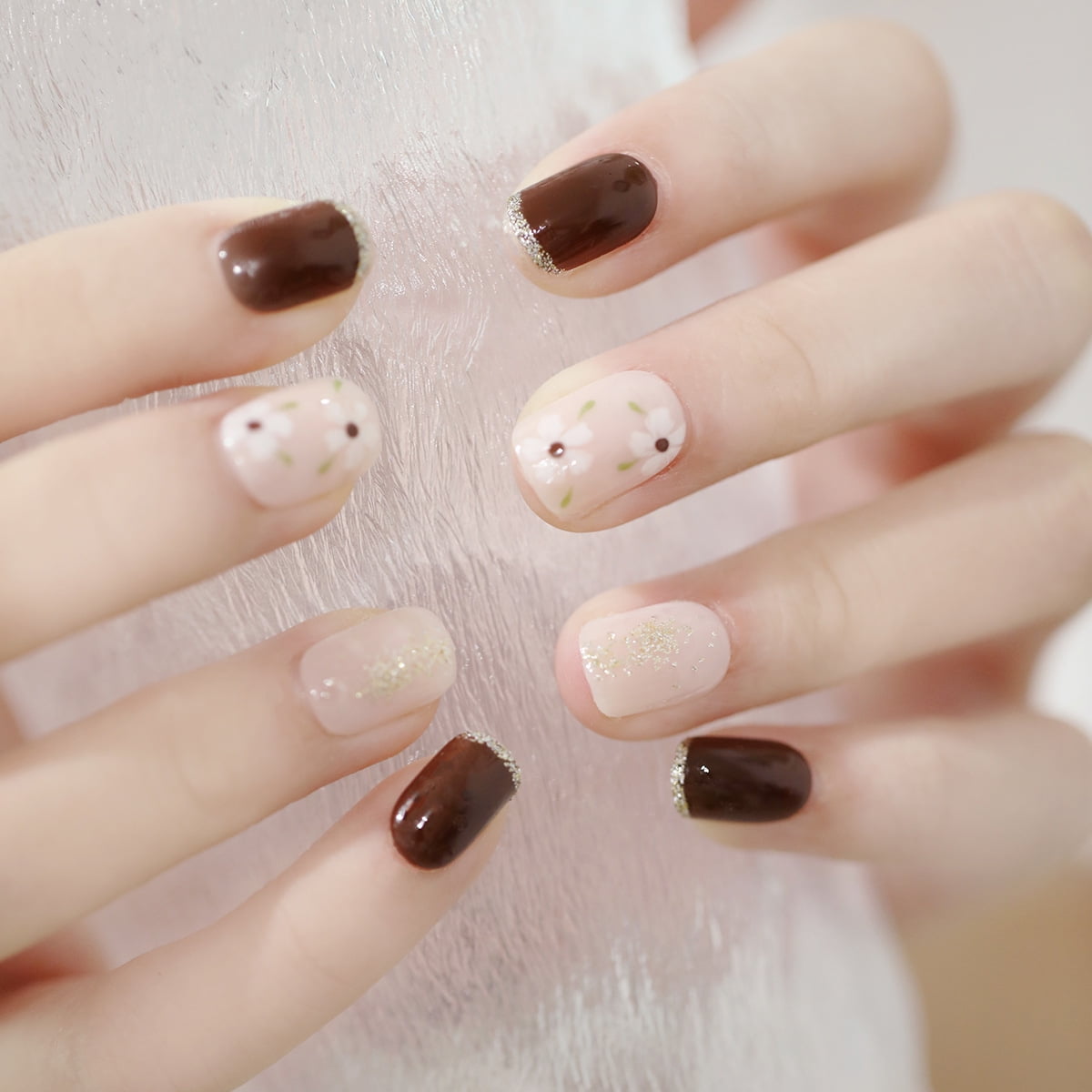 24pcs Flower Printed Nail Patch Glitter Glue Type Removable Short Paragraph  Fashion Manicure Save Time False Nail Patch New - Walmart.com