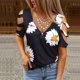 thumbnail image 2 of Moda mujer elegante sexy media manga Ｖ-cuello cremallera impresión ahueca hacia fuera camiseta blusa Tops Pompotops hfajkhk128914, 2 of 5