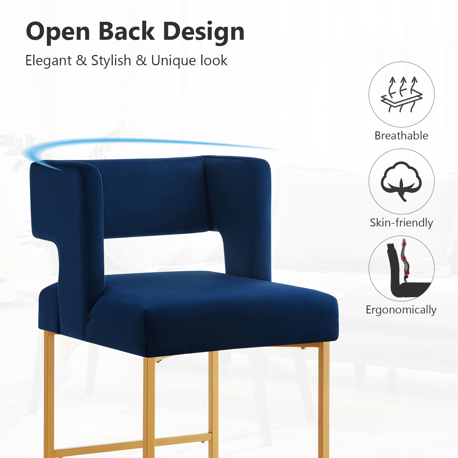 Lecut 26" H Counter Height Bar Stools Set of 2, Modern Velvet Bar Stools with Square Open Backrest and Gold Metal Frame, Kitchen Counter Stools for Island, Home Bar, Pub,Blue+Gold