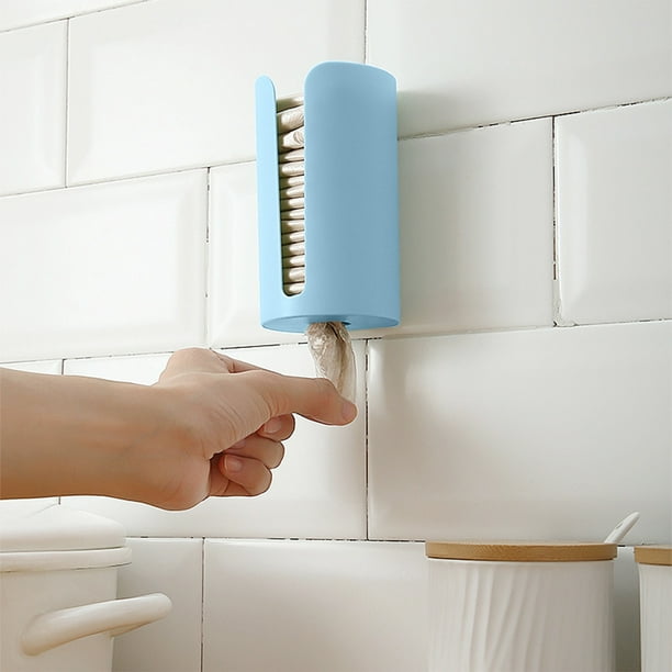 Caja de almacenamiento de bolsas de plástico removible montada en la pared, Organizador de bolsas de basura de la cocina, Sin taladrar, Azul