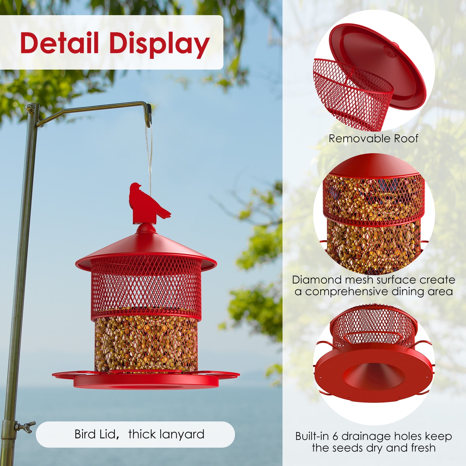 Digipettor Metal Wild Bird Feeder for Outside, Squirrel Proof Bird Feeders, Retractable 4LB Capacity Large Seed Birdfeeder for Outdoors Hanging Garden Yard, Red