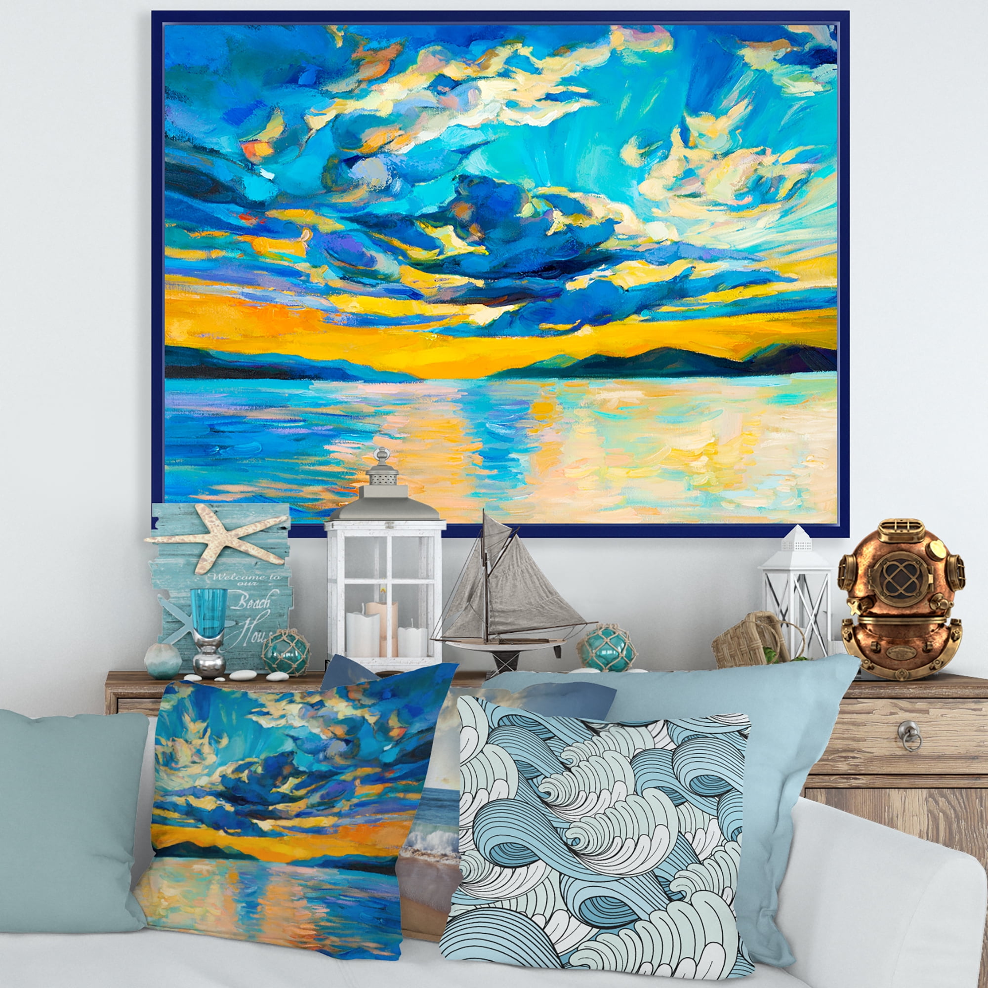 Designart 'Cloudy Sunset Over Wide Open Ocean Horizon' Nautical & Coastal Framed Canvas Wall Art Print