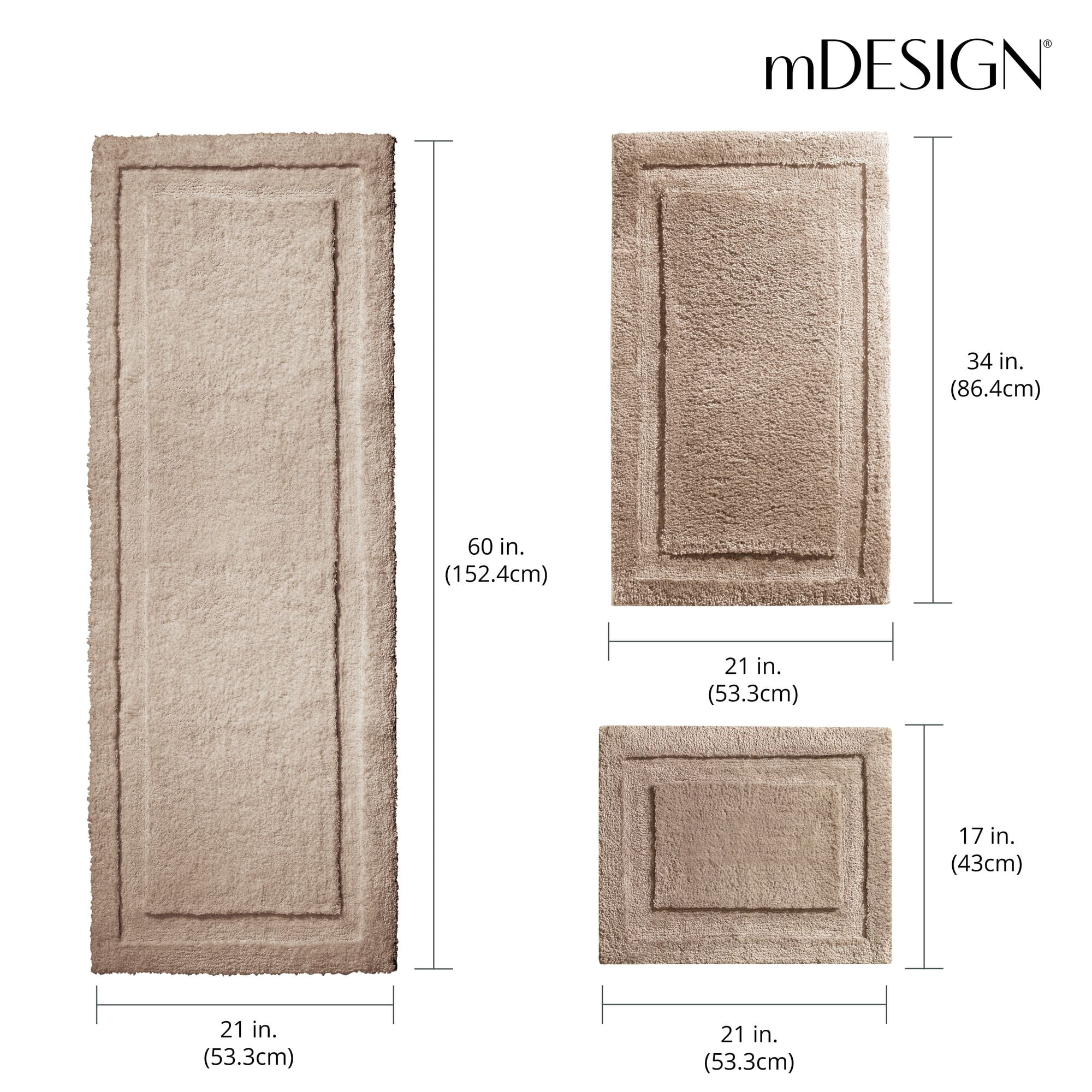 mDesign Microfiber Bath Mats - 3 Piece Bathroom Rugs - Set of 3 - Linen/Tan