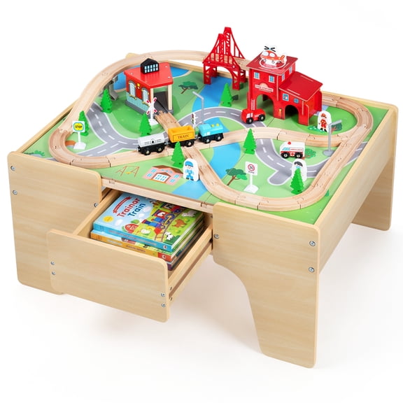 OLAKIDS Train Table, 63 PCS Wooden Kids Activity Toy with Storage Drawer Highlight: Toddler Play Set with Reversible Tabletop, Tracks, Trains, Railway, Buildings, Cars, Gift for Boys Girls 3  Years
