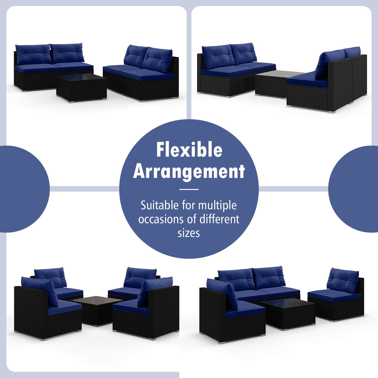 Costway 5 Piece Outdoor Furniture Set with Seat & Back Cushions Tempered Glass Tabletop Blue
