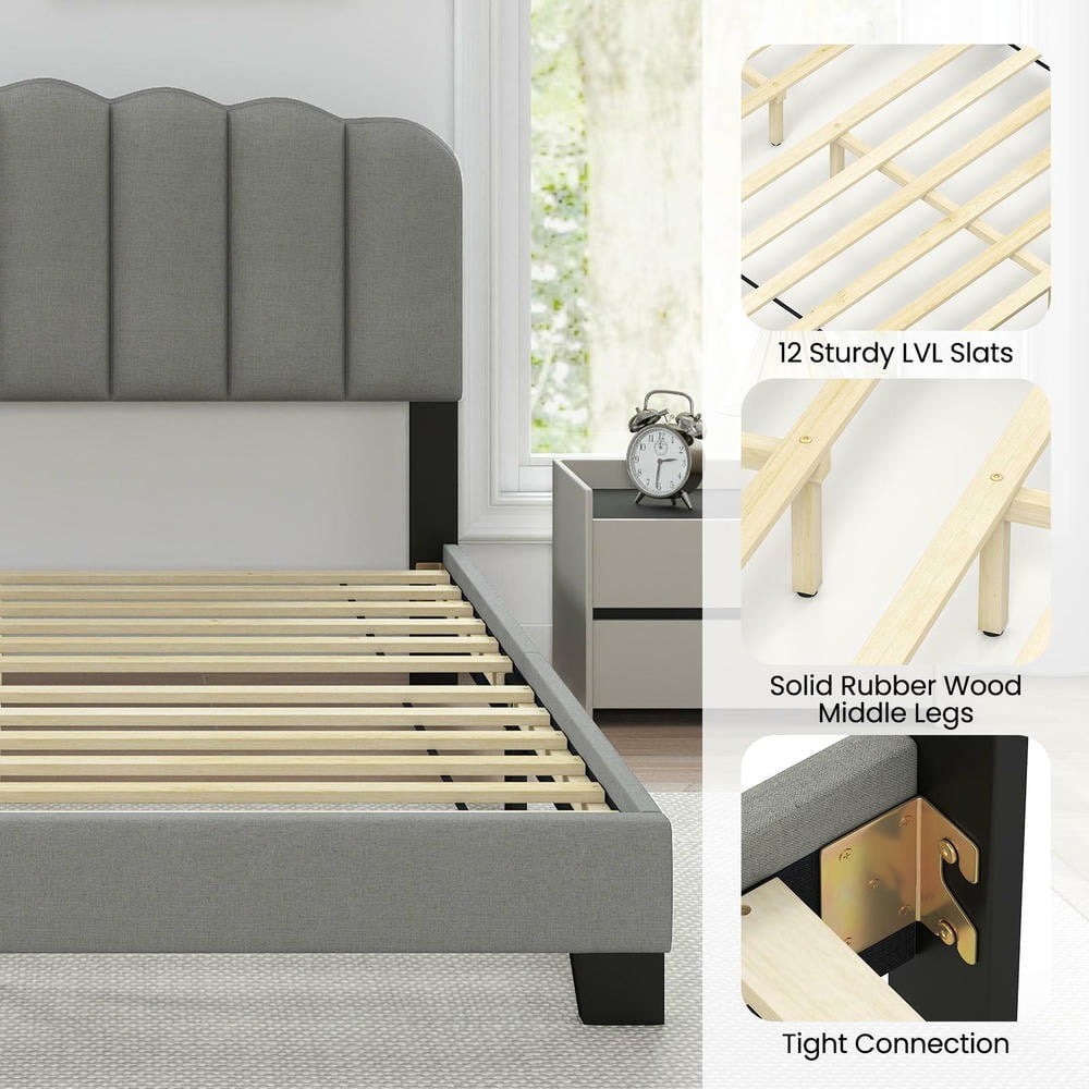Barara King Queen Size Bedroom Bed Frame with Adjustable Scalloped Tufted Headboard, Bed Platform Frame for Apartment, Bedroom, Gray