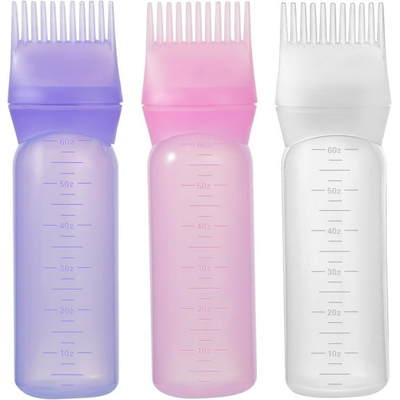 NOGIS Root Comb Applicator Bottle 6 Ounce Oil Applicator for Hair Dye, 3 Pack Hair Coloring Brush Bottle with Graduated Scale(Pink, Purple, White)