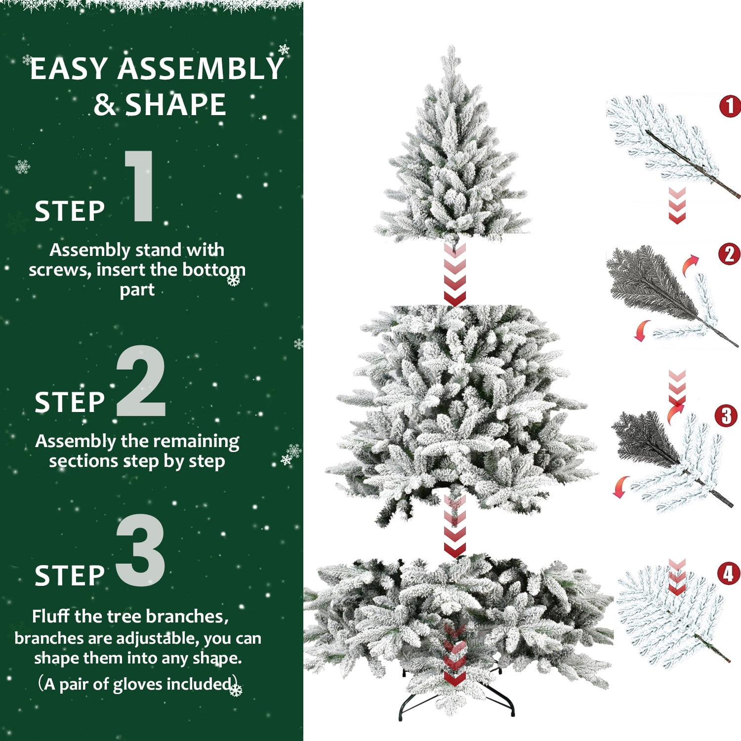 6 Ft Flocked Christmas Tree with 1100 Tips, Realistic PE+PVC Snowy Hinged Tree with Metal Stand, Full Artificial Xmas Tree for Holiday Decoration
