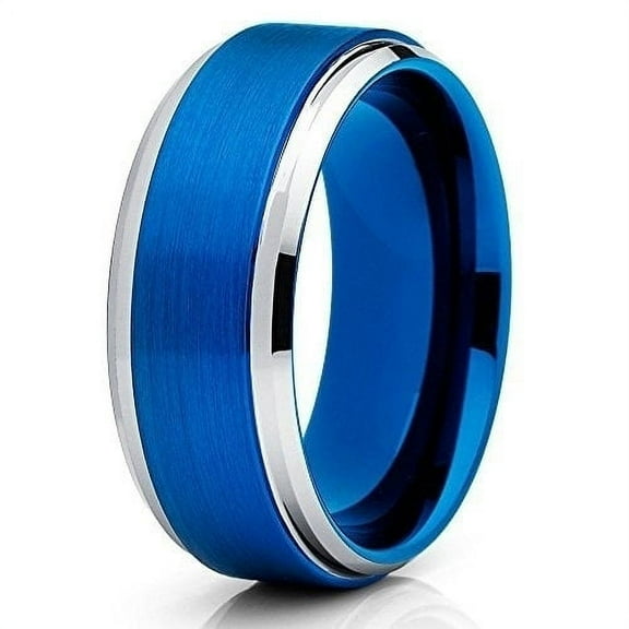 8mm Brushed Blue Tungsten Carbide Ring Polished Silver Unique Edges Wedding Band (6) (6)