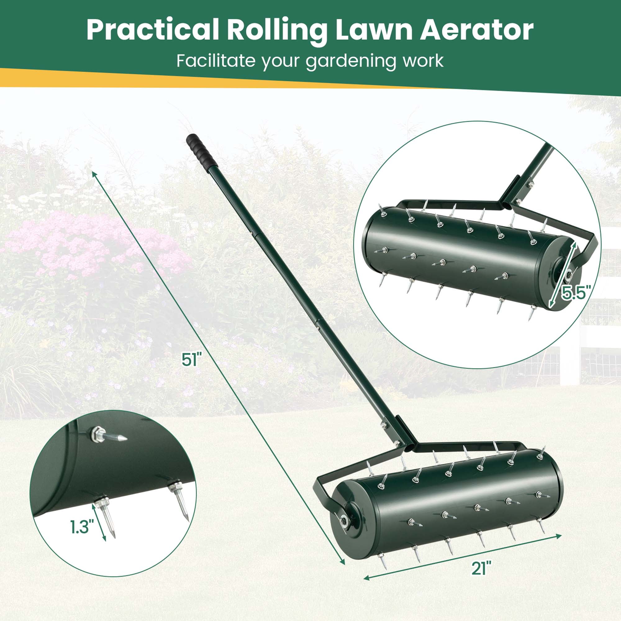 Costway 21" Manual Lawn Aerator Heavy Duty Rolling Push Grass Aeration Tool with Handle Filled with Sand or Stone Green
