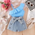 thumbnail image 2 of WEIGFI Toddler Girls Outfit Sets Off Shoulder Tank Top And Denim Shorts 2 Piece Sleeveless Solid Color Bowknot Waist Belt Playwear Casual Summer Everyday Wear Lovely Vacation Set,Blue,3-4 Years, 2 of 5
