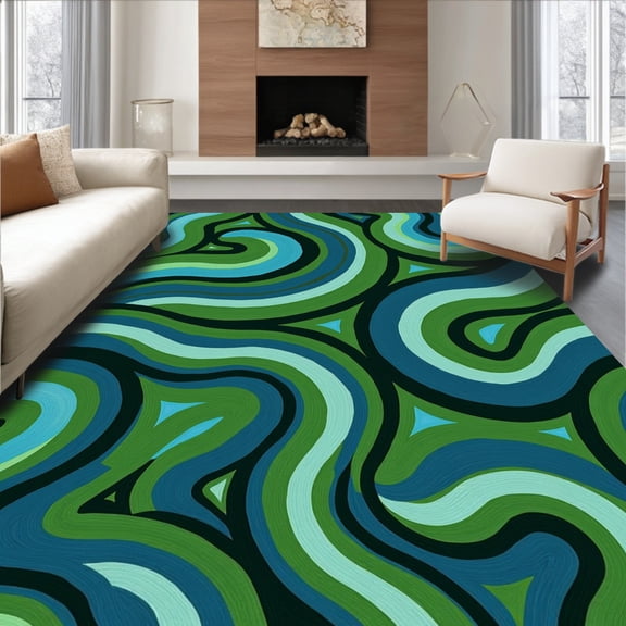 ODIKA 4'x6' Machine Washable Non-Slip Area Rug, Abstract Modernist Swirl Contemporary Artistic Decorative Statement High Traffic Rug, Green, 462676