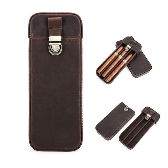Hiram Leather Cigar Case Travel Cigar Box 3 Slot Cigars Humidor Sleeve Portable Organizer by Handmade （Dark Brown)