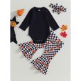 thumbnail image 2 of Wassery Baby Girl Fall Outfits 3 6 12 18 24 Months Infant Girls 3Pcs Halloween Clothes Set Long Sleeve Rompers Pumpkin Checkerboard Print Flare Pant Headband 0-24M, 2 of 9
