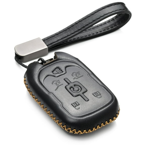 Vitodeco Genuine Leather Smart Key Fob Case Cover Protector with Leather Key Strap Compatible for 2015-2022 GMC Yukon, Yukon XL, Yukon Denali (6-Button, Black)