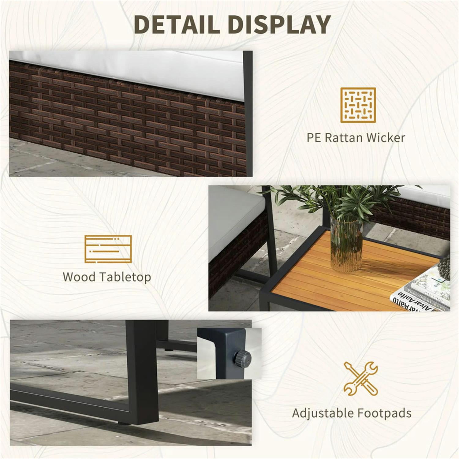 Demi Bonn 4-Piece Rattan Outdoor Patio Furniture Set with Loveseat Sofa, Chair, Wooden Coffee Table, and Cushions for Backyard and Deck, White