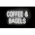 thumbnail image 1 of SpellBrite COFFEE & BAGELS LED Sign for Business. 29.9" x 15.0" White COFFEE & BAGELS Sign Has Neon Sign Look With Energy Efficient LED Light Source. Visible from 500+ Feet, 8 Animation Settings., 1 of 4