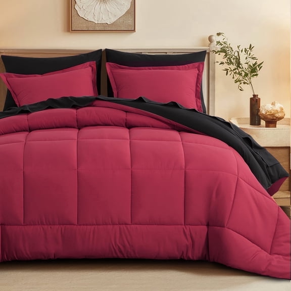 Aisbo 7 Pieces Red/Black King Bed Comforter Set with Sheets - Bed in a Bag with Comforter and All Season Sheets, Pillowcases