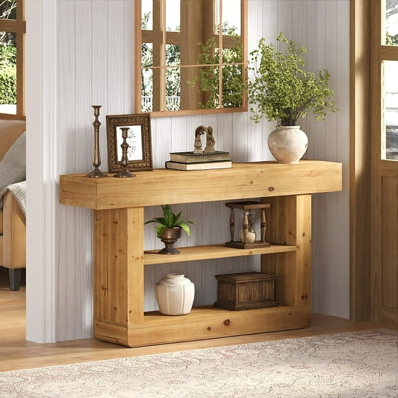 Finmind Solid Wood 3-Tier Console Table, 63-Inch Sofa Table with Storage for Living Room, Natural