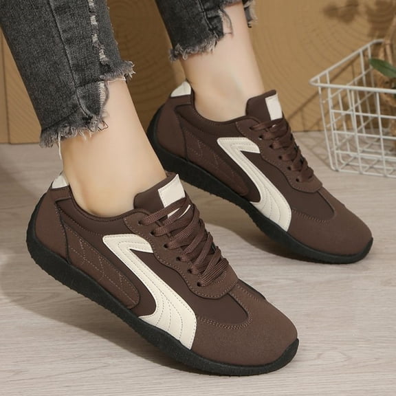 Domuza Women’s Retro Suede Trim Lace Up Casual Sneakers, Curved Stitch Accent Low Top Lightweight Walking Shoes with Non-Slip Grooved Rubber Outsole Brown 9(EU-42)