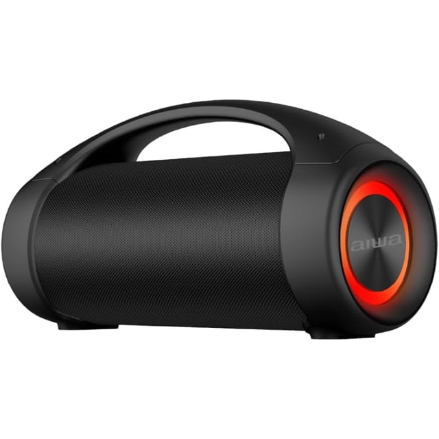 Aiwa Bocina Inalámbrica AWS600BT True Wireless con Bluetooth, LED, Resistencia IPX5, 50W RMS, Color Negro, Portátil para Exteriores, Radio Integrada, Batería Recargable y Diseño Cilíndrico