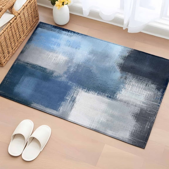 Navy Blue Ombre Bathroom Rug Washable 2x3 Entryway Rug Non Slip Modern Oil Painting Geometric Front Door Mat Low Pile Indoor Doormat Throw Floor Carpet for Kitchen Bedroom Entrance