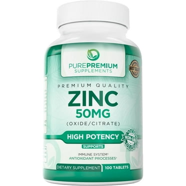 PurePremium Natural Zinc 50mg Supplements for Men & Women - High Potency Vitamin Zinc Citrate/Oxide for Adults, Immune Antioxidant, Energy Support - 100 Tablets