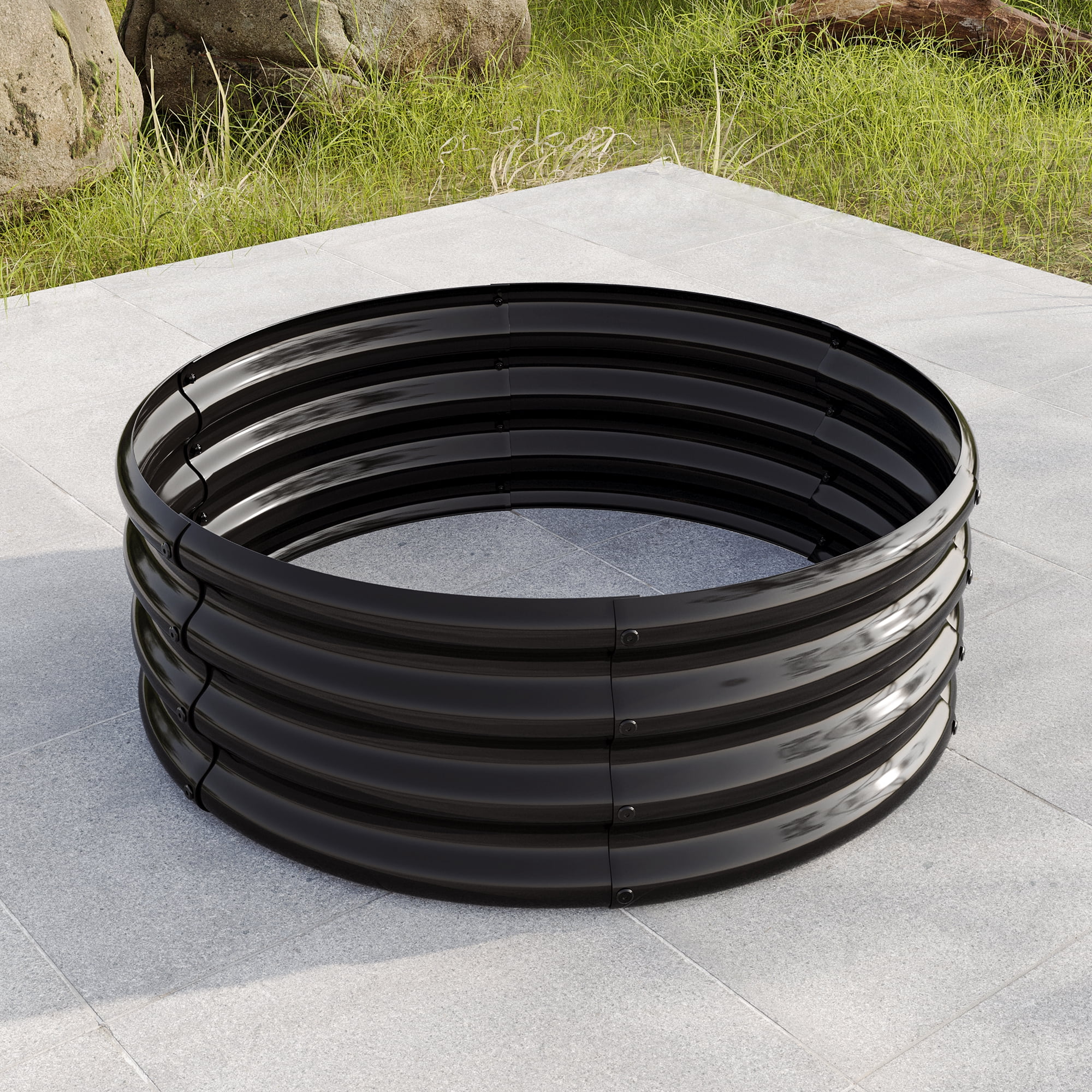 Galvanized Metal Planter Box, 32.08"x11.4" Tall Round Outdoor Raised Garden Bed, Black Backyard Patio Planter Raised Beds for Flower, Herbs, Fruits