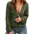 thumbnail image 2 of Top informal para mujer, cuello en V profundo, manga larga hueca, ajuste holgado, blusa de señora de Color puro para el trabajo, vacaciones diarias, verde L, 2 of 6