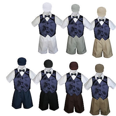 Leadertux 5pc Formal Baby Toddler Boys Gold Vest Navy Blue Shorts Suits Hat S-4T 3T