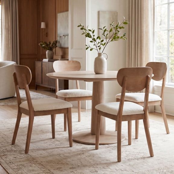 Dayalane Mid Century Modern Wooden Dining Chair Set of 4, Sherpa Upholstered Seat for Dining Room, Ergonomic Curved Backrest Solid Wood Kitchen Chair for Living Room, White