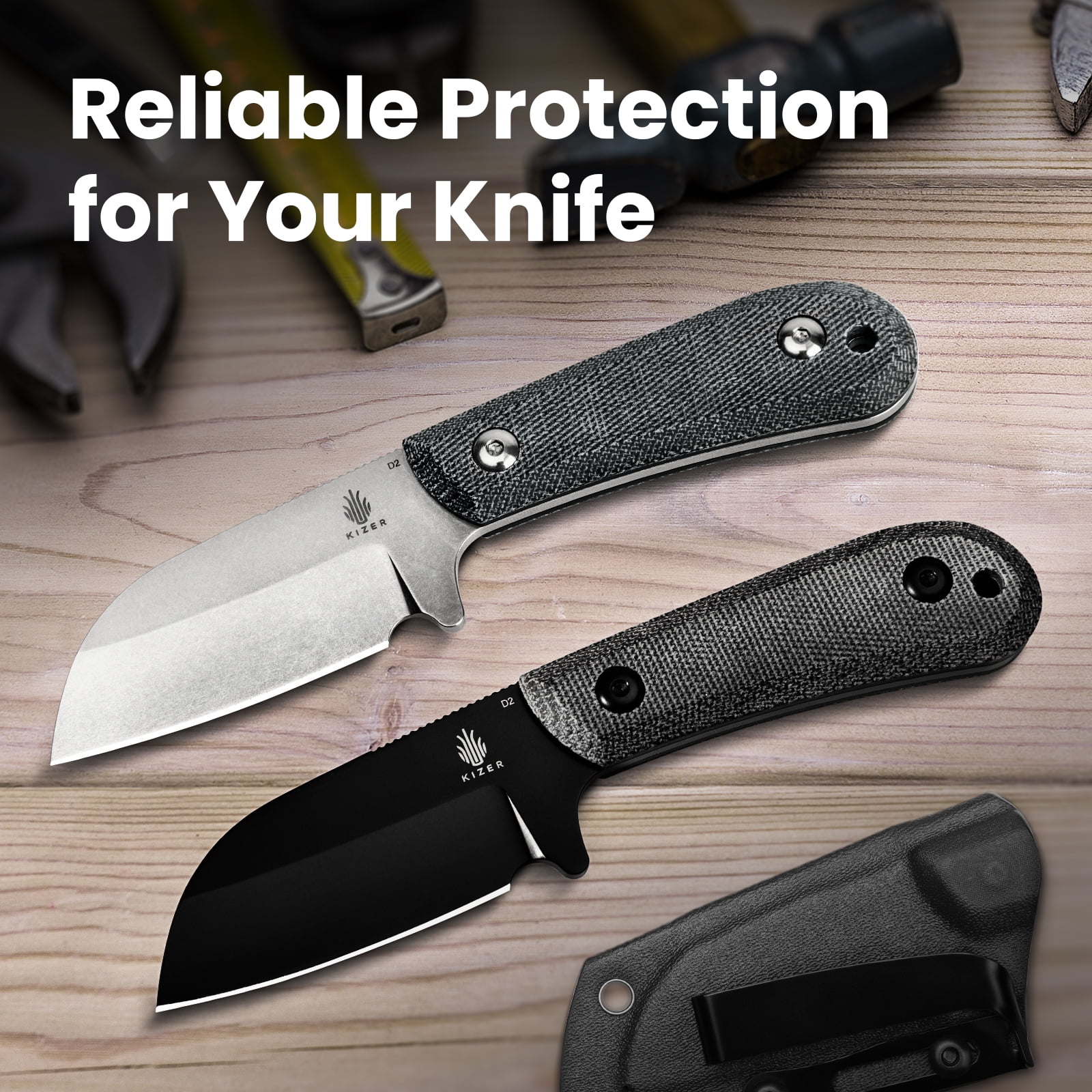 Kizer Deckhand Fixed Blade Knife D2 Steel Blade Micarta+G10 Handle With Sheath, 1062A1