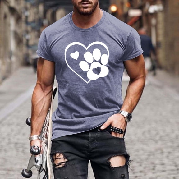 Njagoc3 Mens Summer Short Sleeve T-Shirt, Crew Neck, Heart and Paw Print, Soft and Skin-Friendly, Trendy Look, Great for Pet Lovers