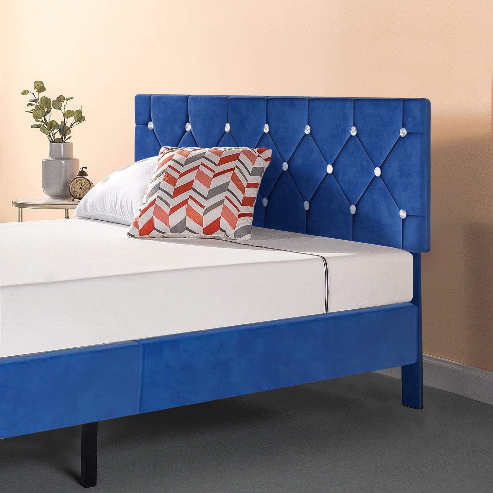 VECELO Queen Size Bed Frame, Modern Upholstered Platform Bed Frame with Diamond Tufted Headboard, No Box Spring Needed, Easy Assembly, Blue
