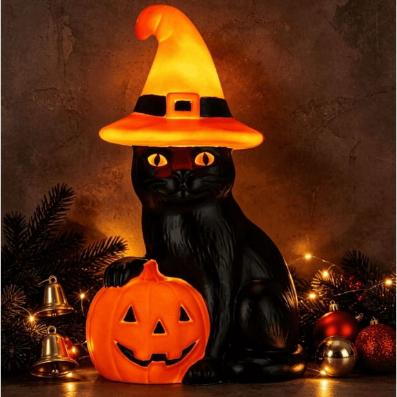 2026 Light-Up Pumpkin Cat Blow Mold Outdoor Decoration, Orange and Black